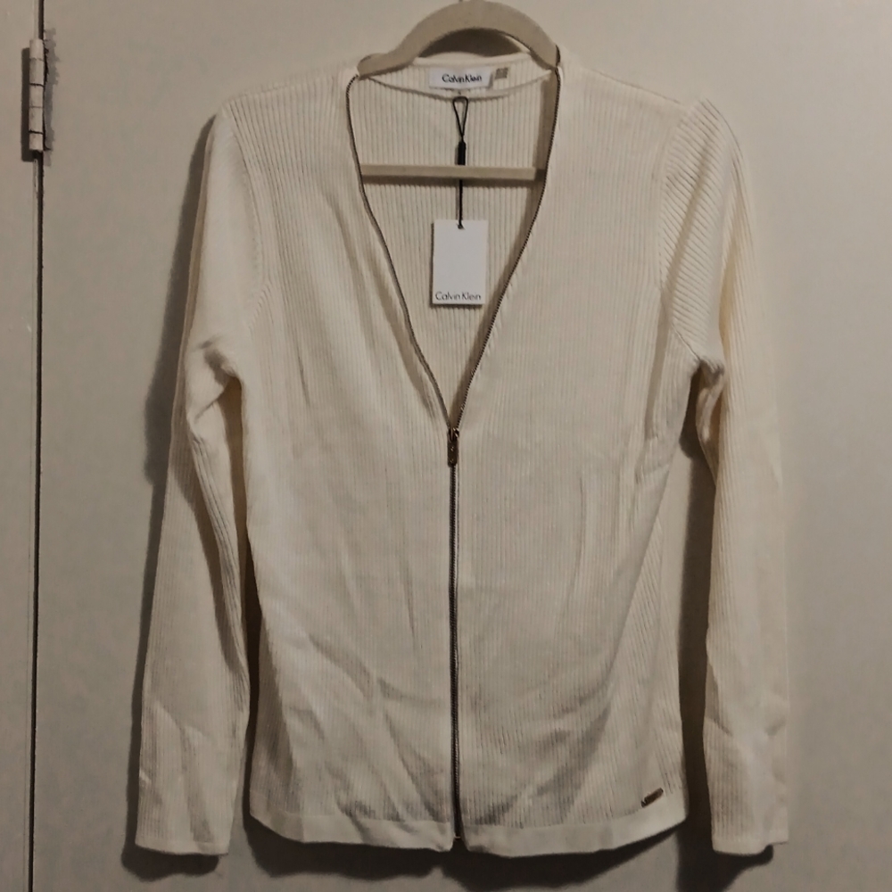 NWT! Calvin Klein Cream Zip Front Super Soft Ribbed Sweater!